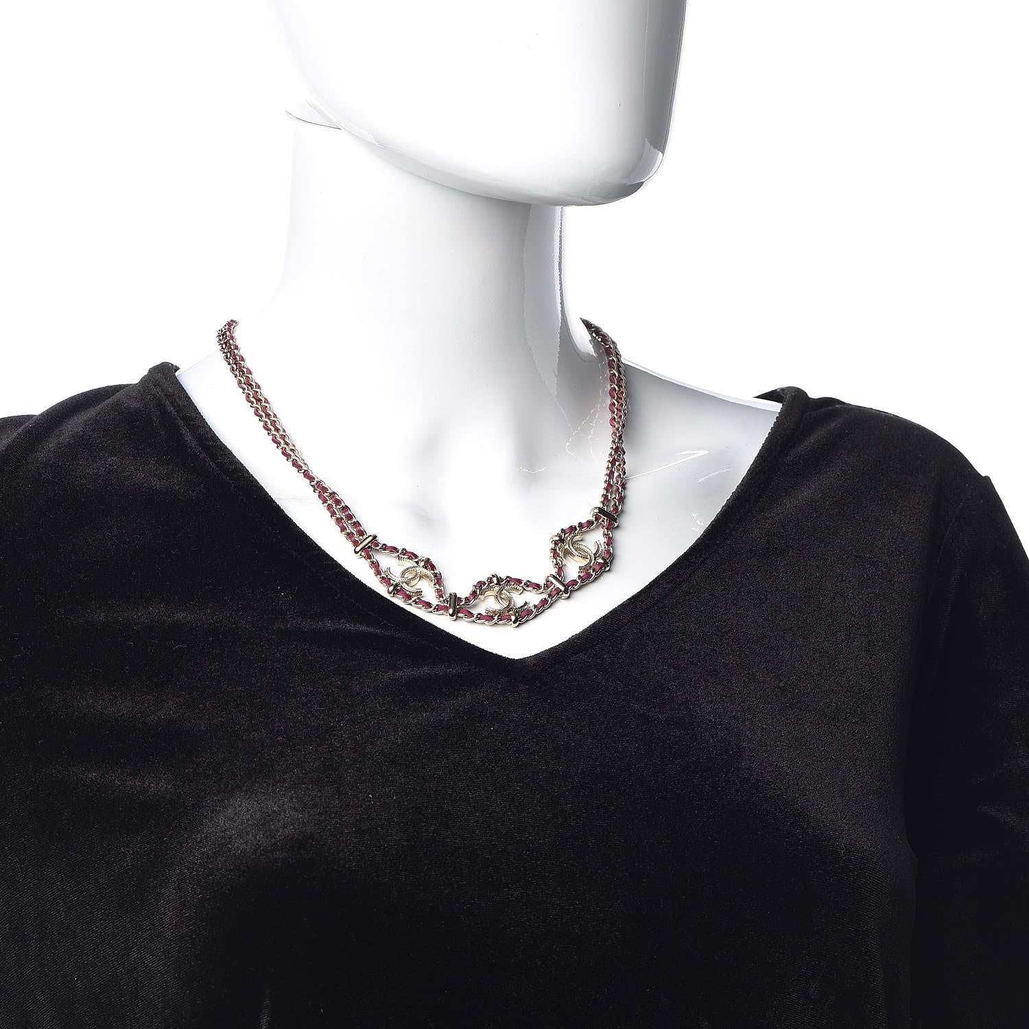 Chanel Metal Lambskin CC Chain Link Necklace Gold Burgundy 2 of 6
