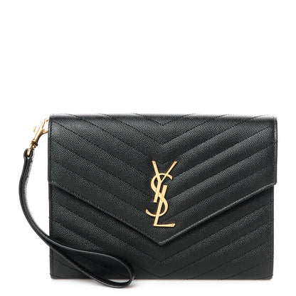 Saint Laurent Grain De Poudre Matelasse Chevron Monogram Envelope Clutch Black 1 of 11