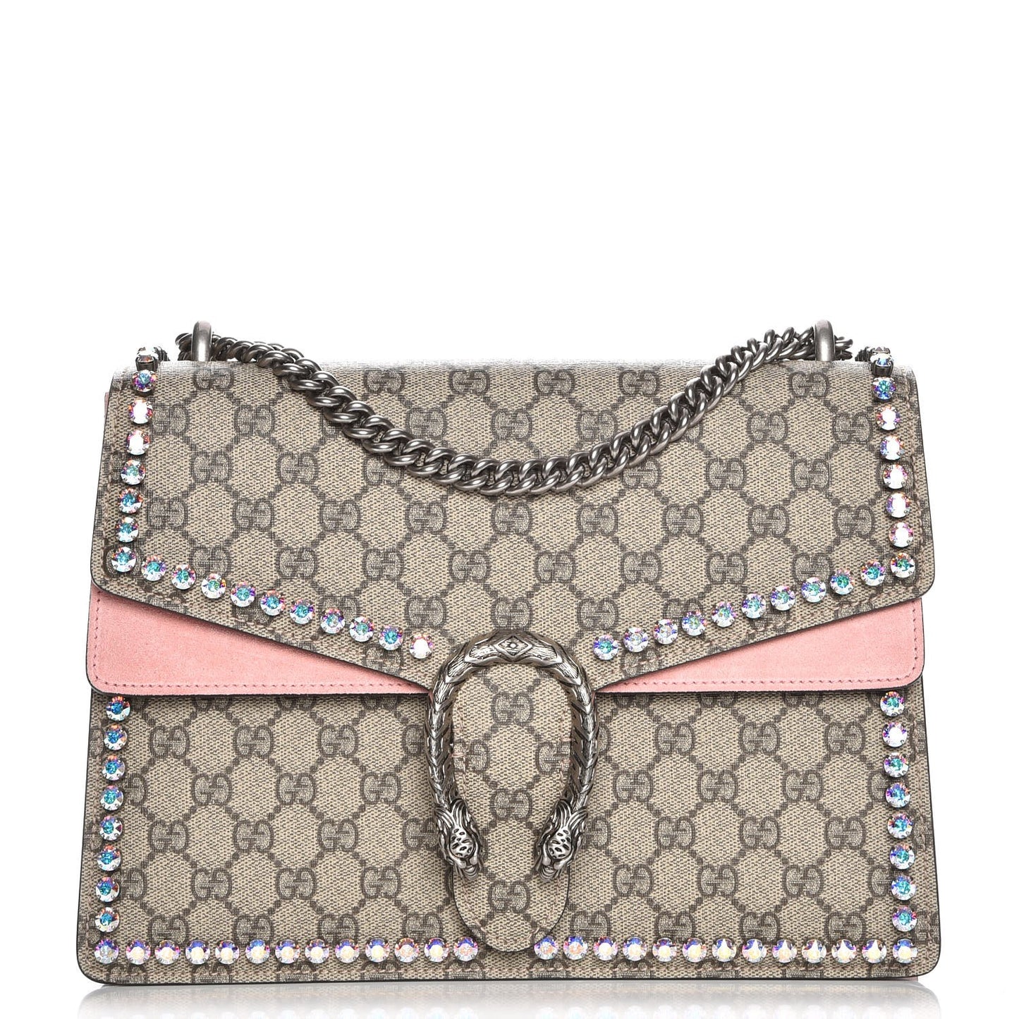 GG Supreme Monogram Suede Crystal Medium Dionysus Shoulder Bag Beige Ebony Light Peonia
