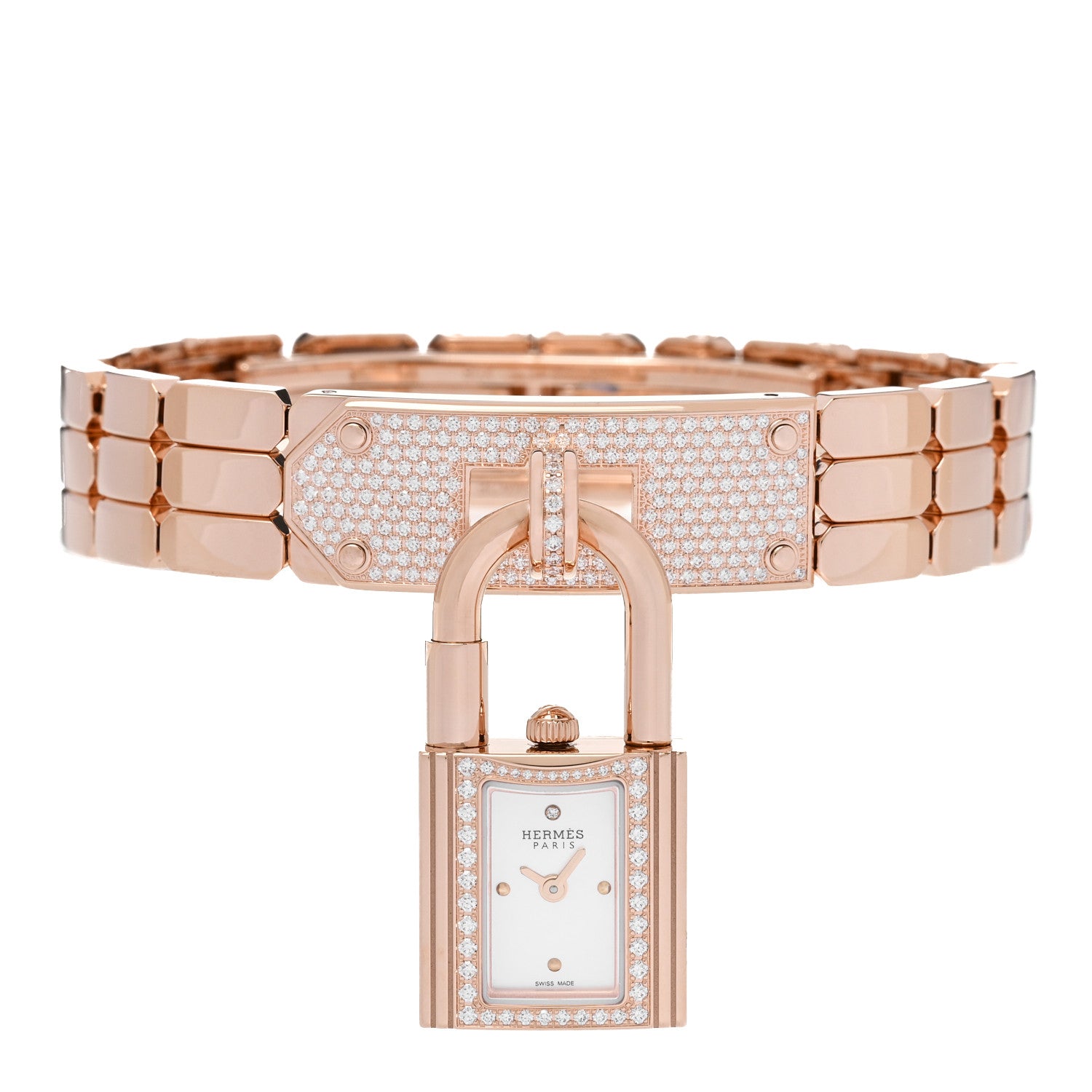 Hermes 18K Rose Diamond Pave 16mm Kelly Quartz Watch 2 of 6