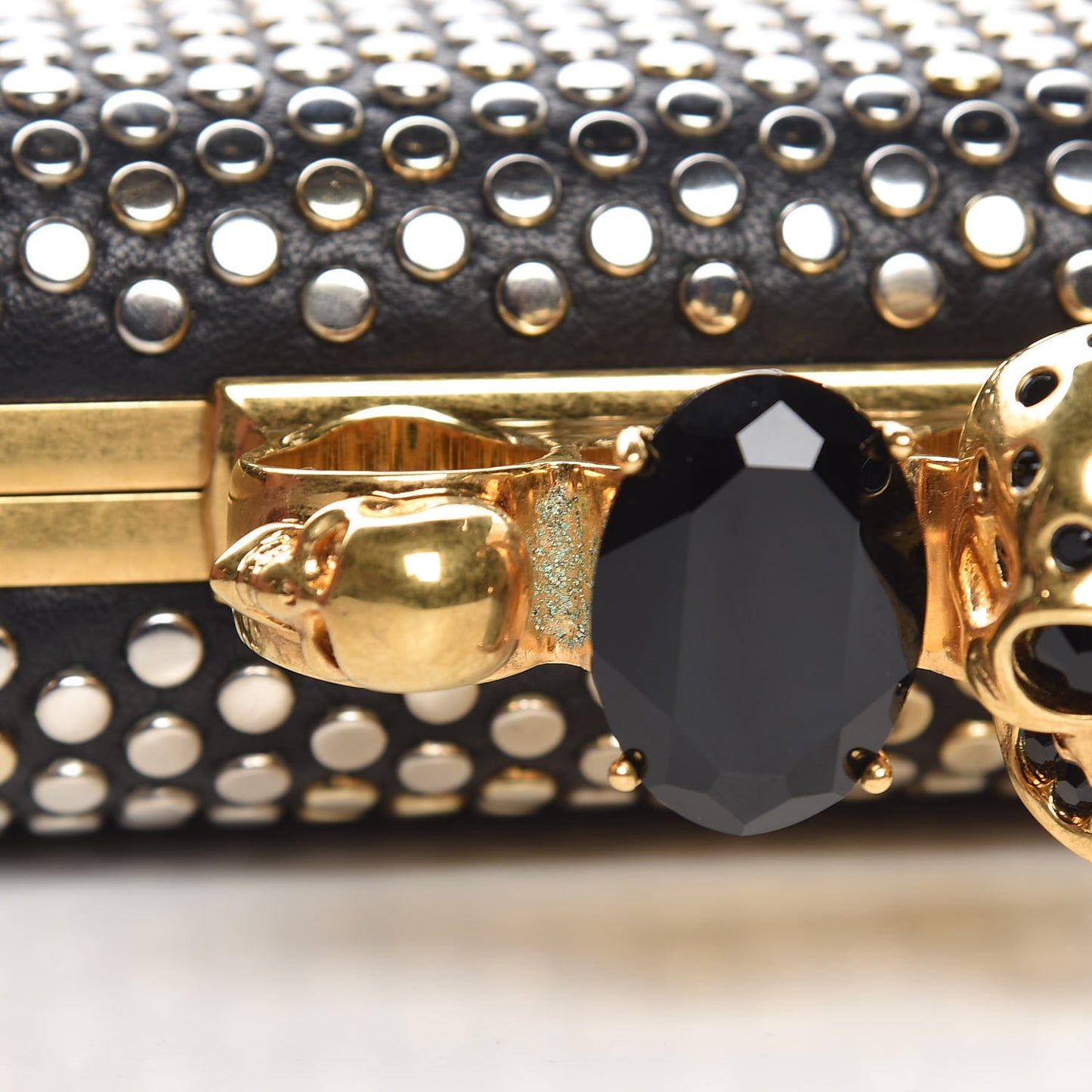 Lambskin Studded Skull Knuckle Box Clutch Black