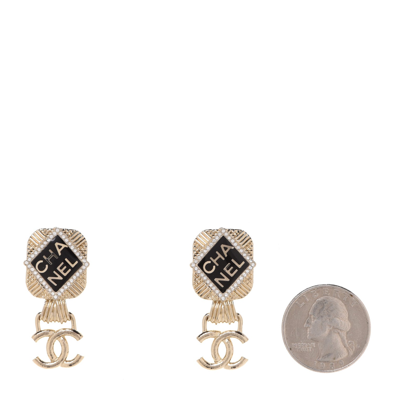 Chanel Resin Crystal Quilted CC Drop Earrings Black Gold 2 of 5