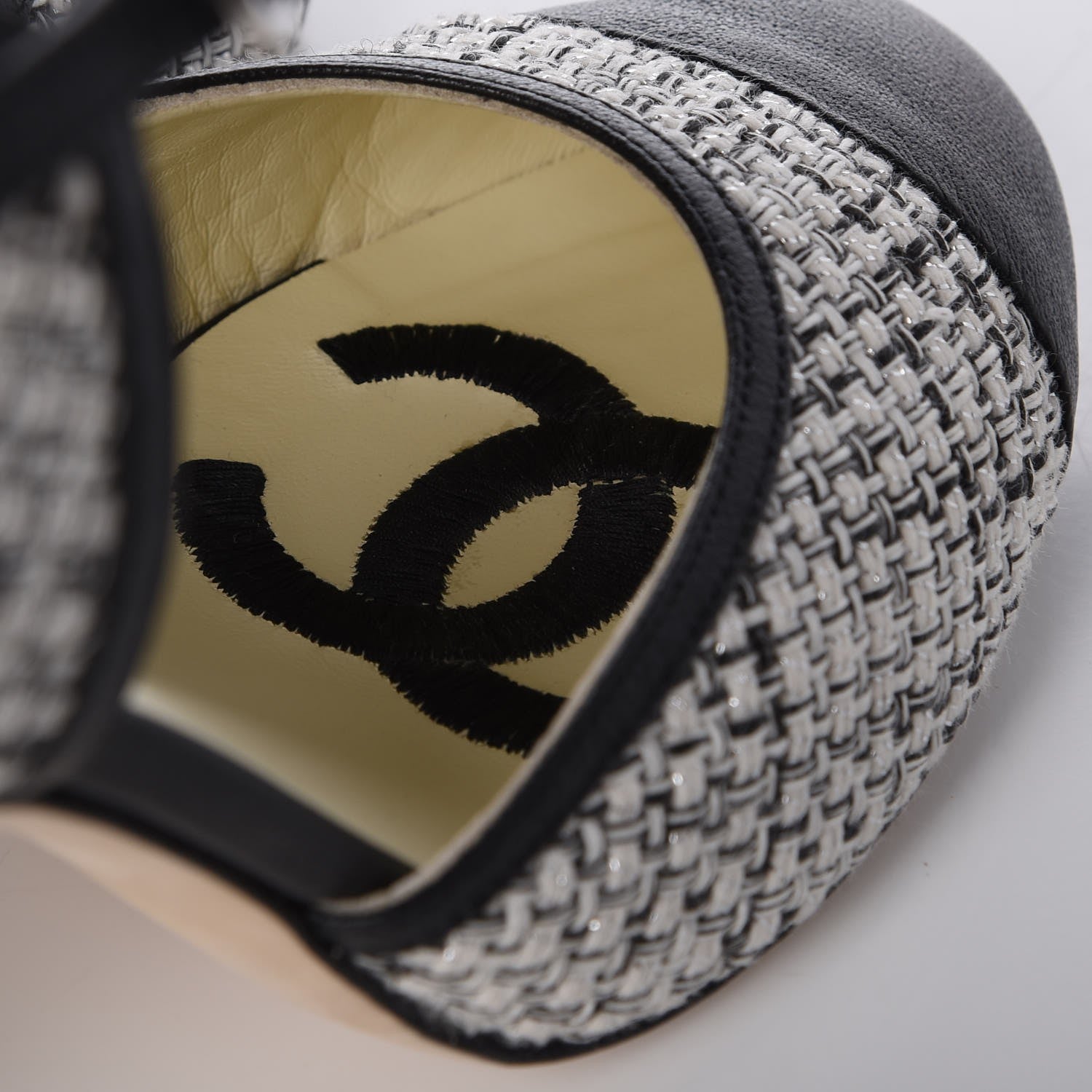 Chanel Tweed Goatskin Pearl Heel Pumps 39 Grey Beige Black 11 of 12