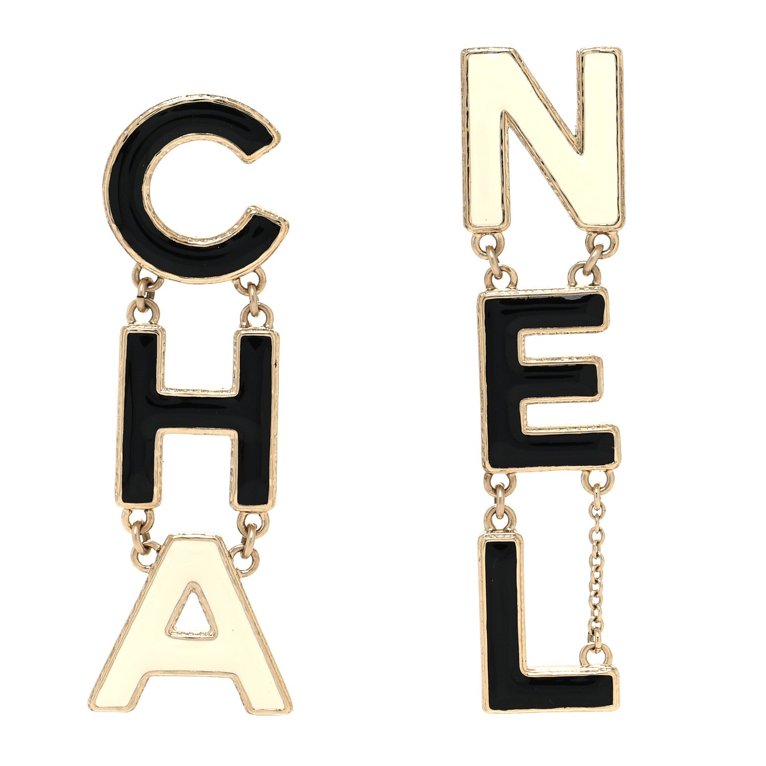 Chanel Metal Enamel Cha-Nel Logo Drop Earrings Black White 1 of 4