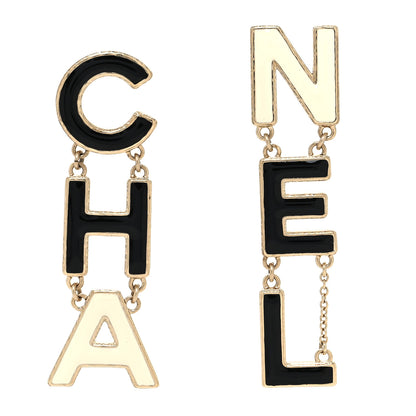 Chanel Metal Enamel Cha-Nel Logo Drop Earrings Black White 1 of 4
