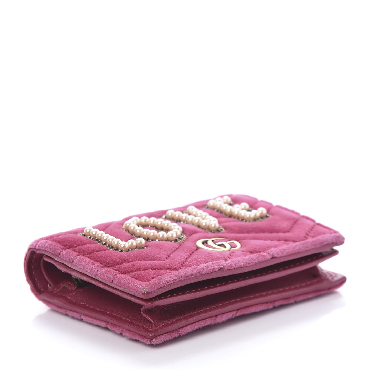 Velvet Matelasse Pearl Love Embroidered GG Marmont Card Case Wallet Light Raspberry Rose