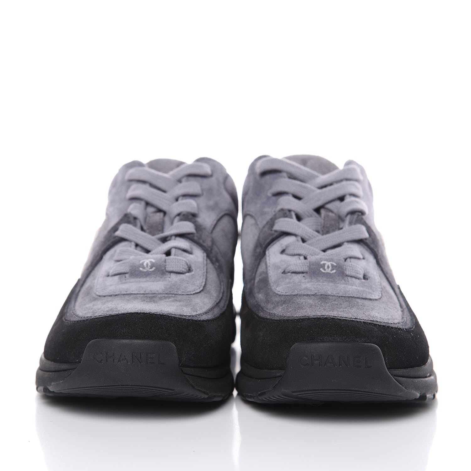 Chanel Suede Calfskin Womens CC Sneakers 37 Black Grey 2 of 9