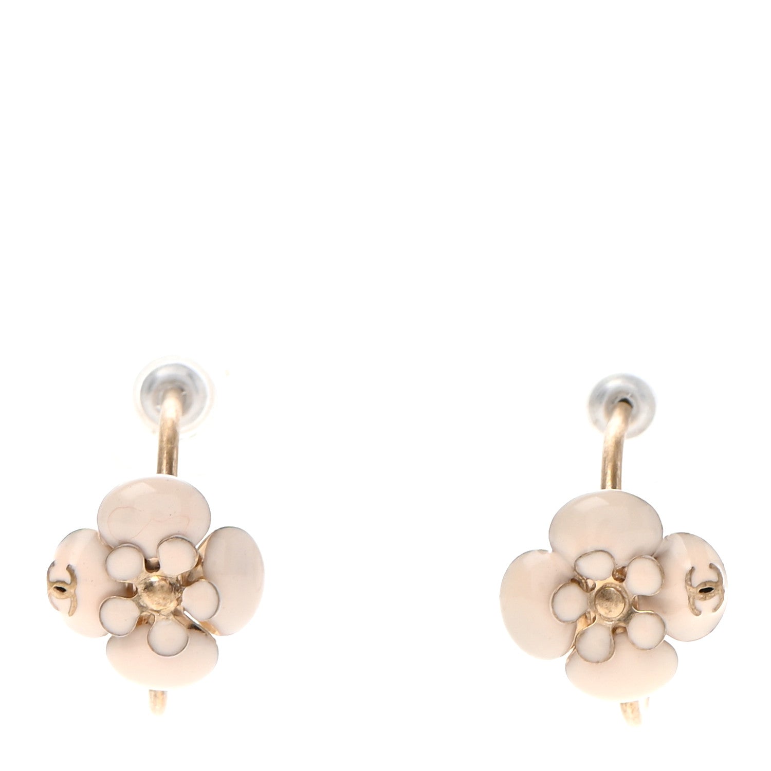 Chanel Enamel CC Camellia Hoop Earrings Beige Gold 1 of 4