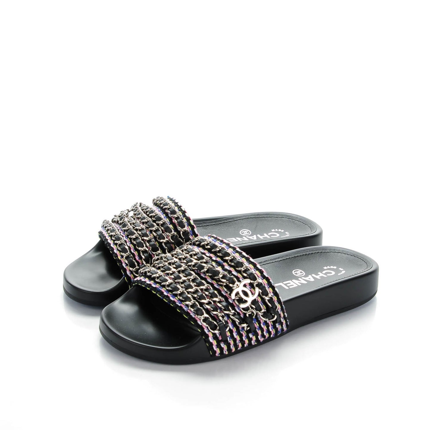 Tweed Lambskin Chain Flat Sandals 35 Black Multicolor
