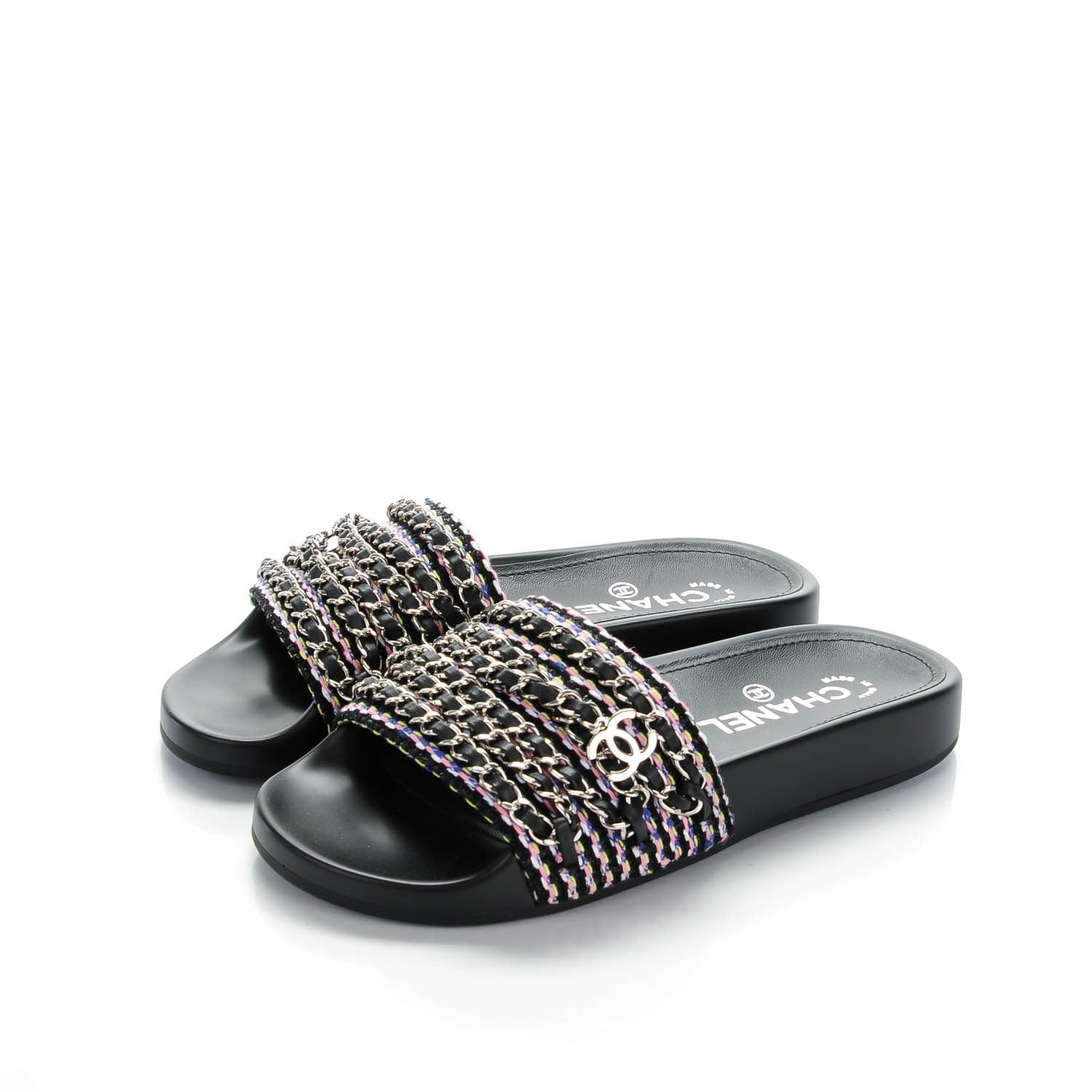 Chanel Tweed Lambskin Chain Flat Sandals 35 Black Multicolor 3 of 8