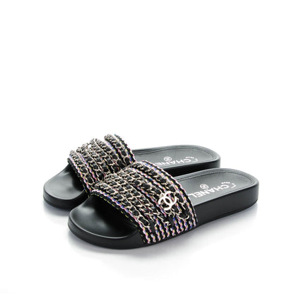 Chanel Tweed Lambskin Chain Flat Sandals 35 Black Multicolor 3 of 8