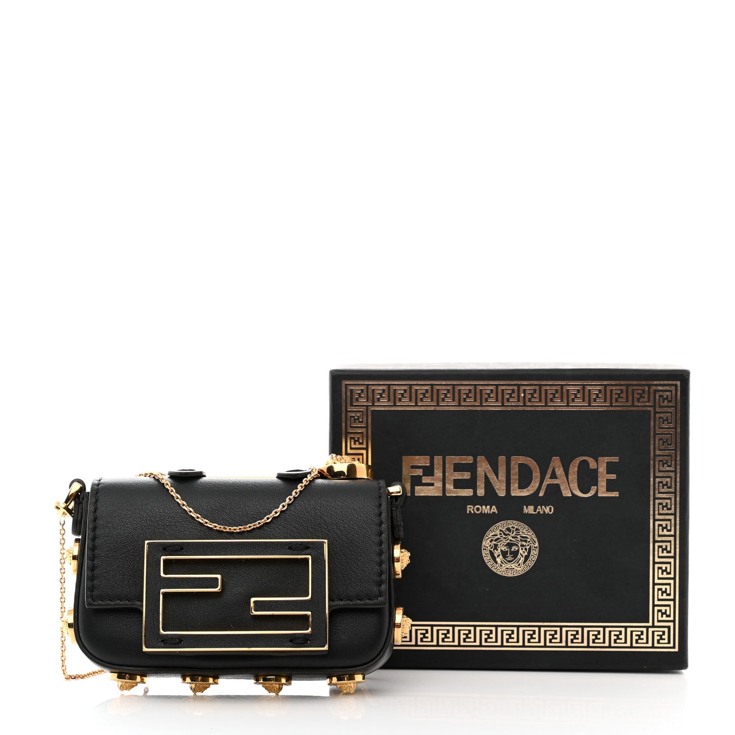 X VERSACE Vitello Seta Fendace Studded Nano Brooch Baguette Black