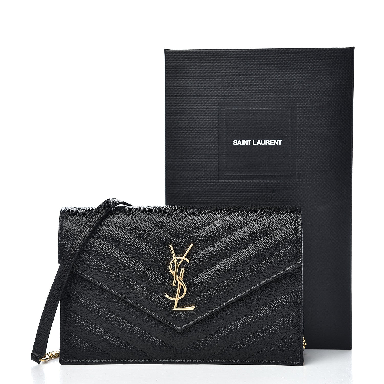 Saint Laurent Grain De Poudre Matelasse Chevron Monogram Envelope Chain Wallet Black 10 of 10