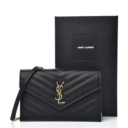 Saint Laurent Grain De Poudre Matelasse Chevron Monogram Envelope Chain Wallet Black 10 of 10