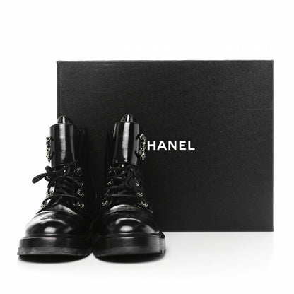 Chanel Shiny Goatskin Calfskin Quilted Lace Up Combat Boots 40 Black 8 of 8