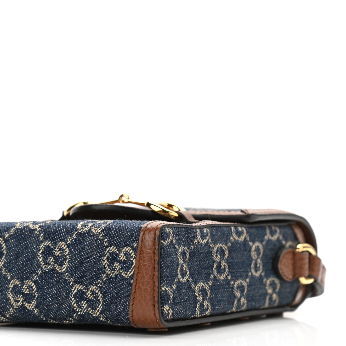 New Denim GG Monogram Dollar Calfskin Mini Horsebit 1955 Crossbody Bag Blue Tea Cuir Epilog