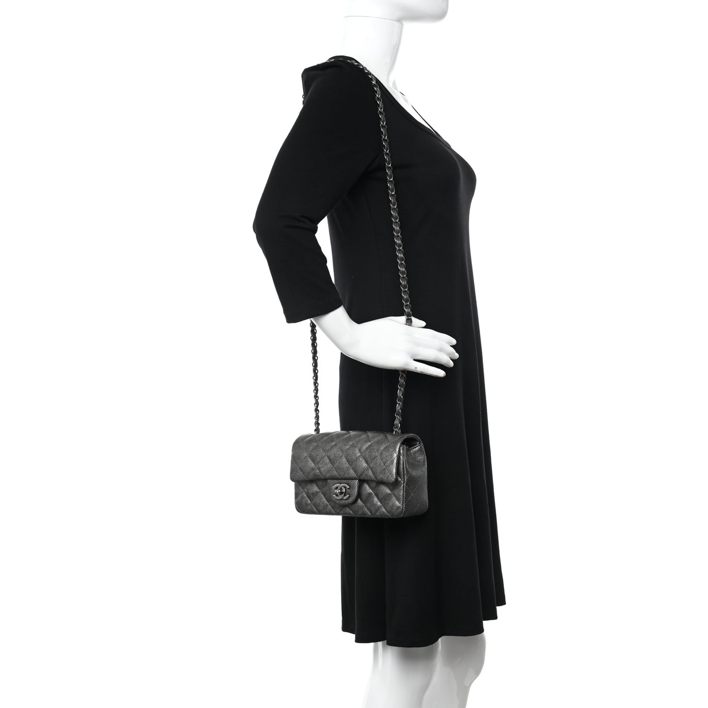 Metallic Caviar Quilted Mini Rectangular Flap Dark Silver