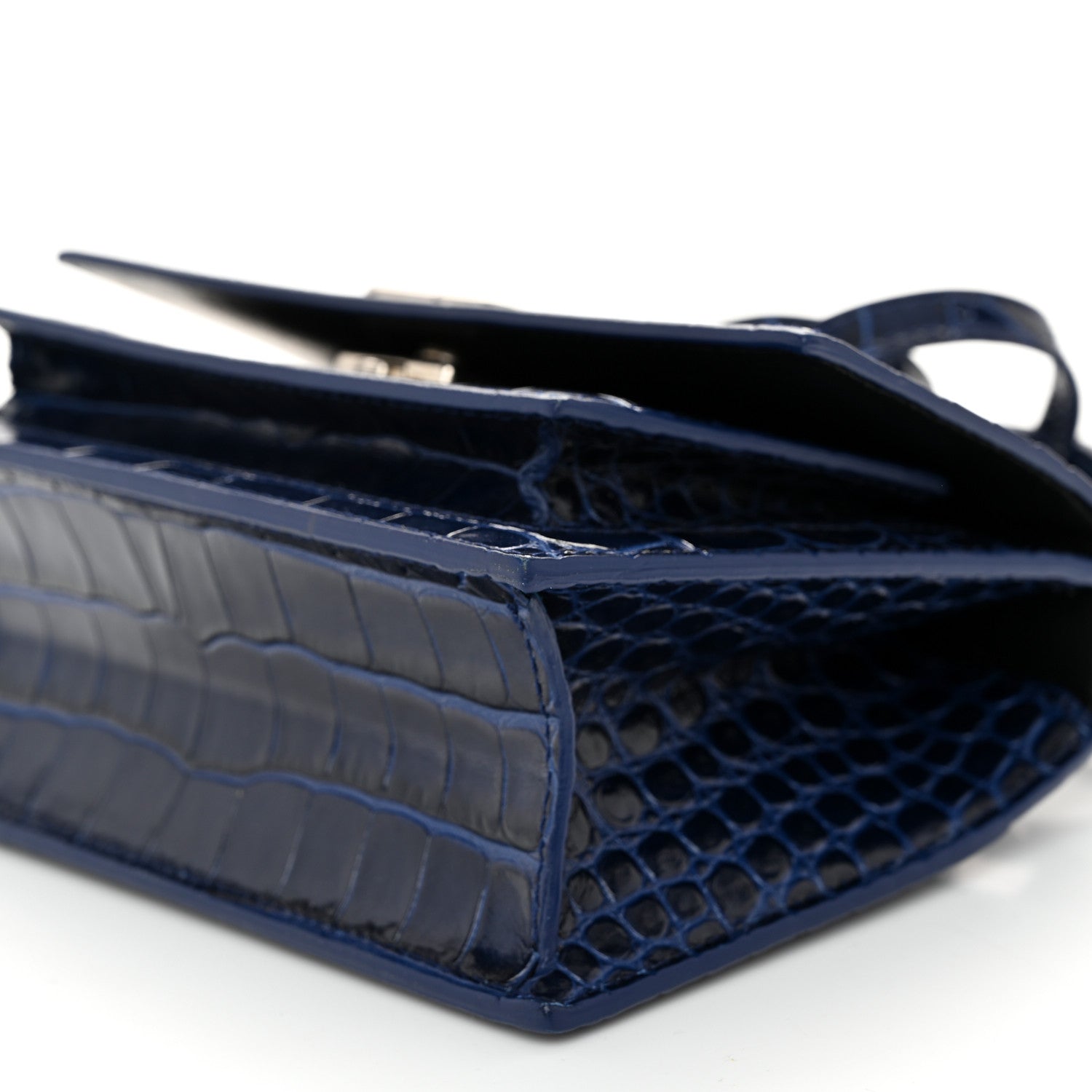 Balenciaga Shiny Calfskin Crocodile Embossed XS Sharp Top Handle Bag Navy 9 of 10