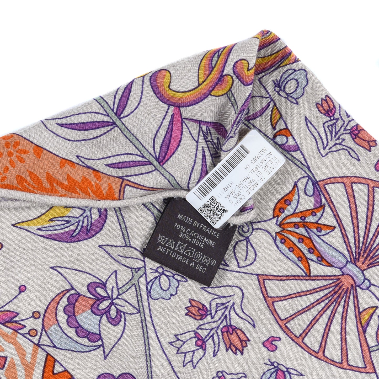 Cashmere Silk Fleurs et Papillons De Tissus Giant Triangle Scarf Naturel Mauve Orange