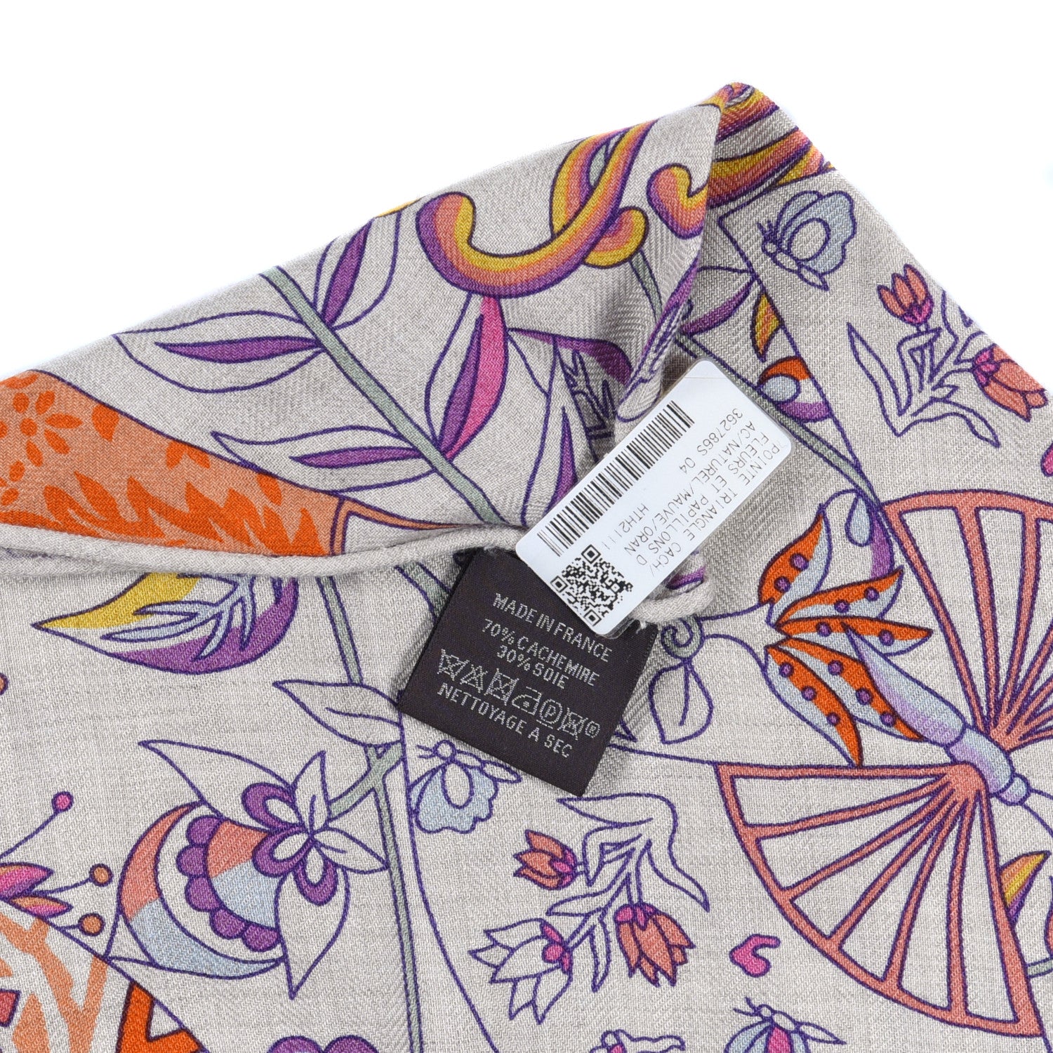 Hermes Cashmere Silk Fleurs et Papillons De Tissus Giant Triangle Scarf Naturel Mauve Orange 3 of 3