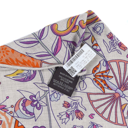 Hermes Cashmere Silk Fleurs et Papillons De Tissus Giant Triangle Scarf Naturel Mauve Orange 3 of 3
