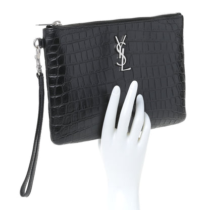 Saint Laurent Calfskin Crocodile Embossed Monogram Zip Pouch Black 2 of 9