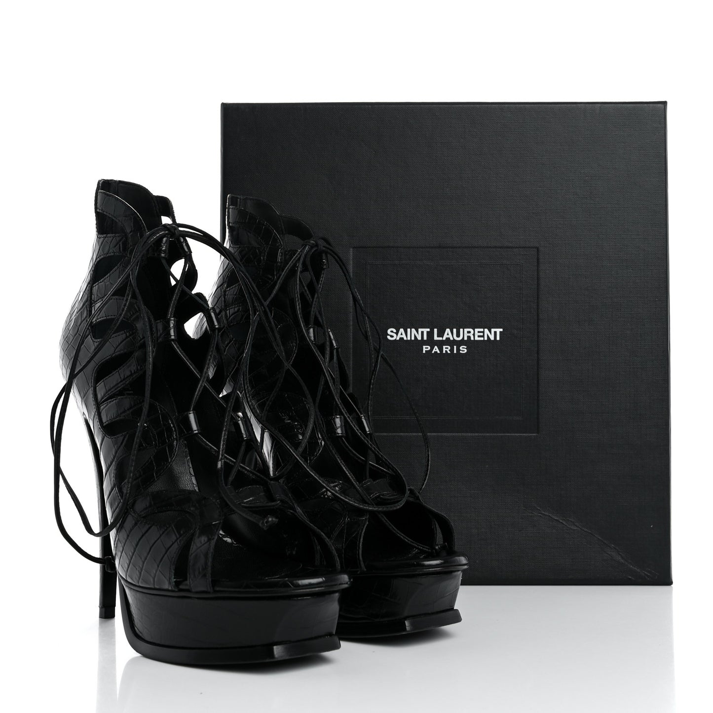Calfskin Crocodile Embossed Tribute 16 Lace Up Platform Sandals 40 Black