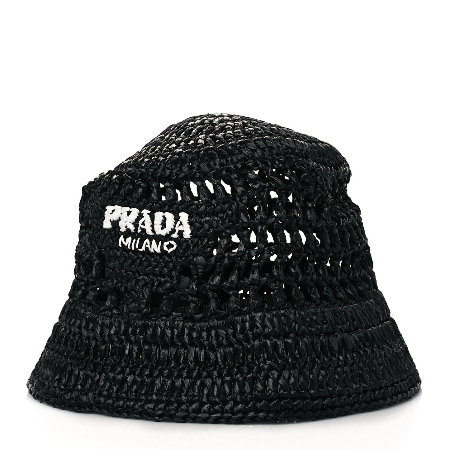 Yarn Raffia Effect Crochet Logo Embroidered Womens Bucket Hat M Black