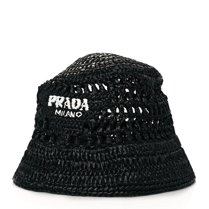 Prada Yarn Raffia Effect Crochet Logo Embroidered Womens Bucket Hat M Black 1 of 8