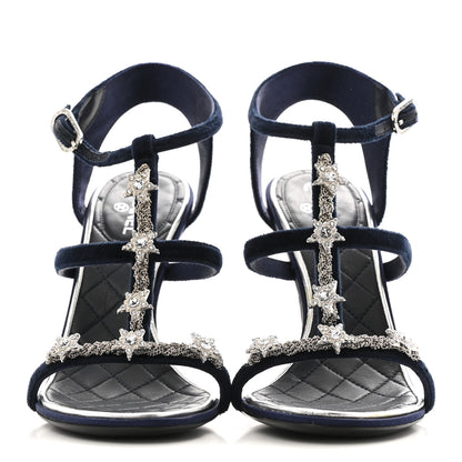 Chanel Velvet Crystal Star Ankle Strap Sandals 37.5 Dark Navy 3 of 12