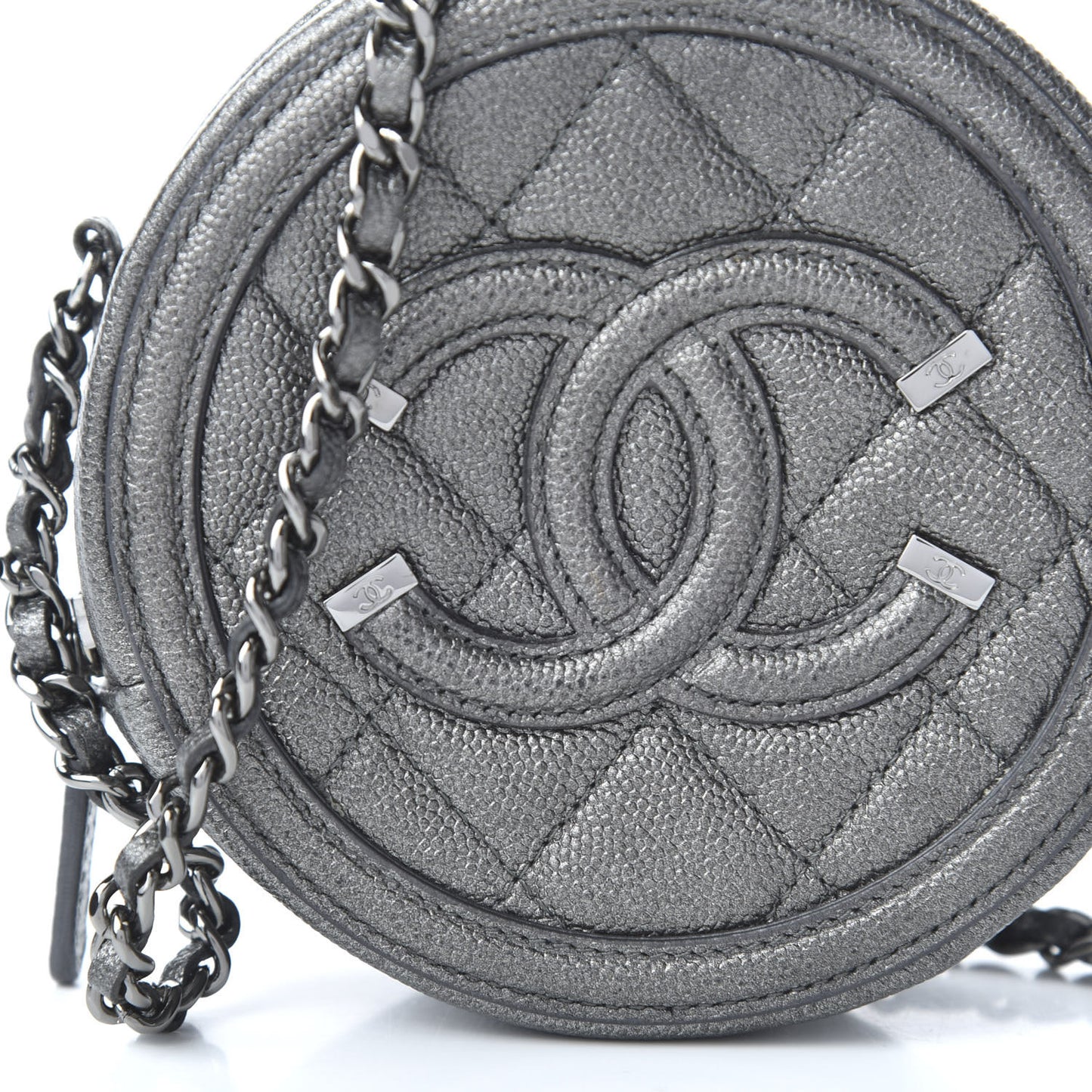 Metallic Caviar Quilted Round Filigree Crossbody Dark Silver