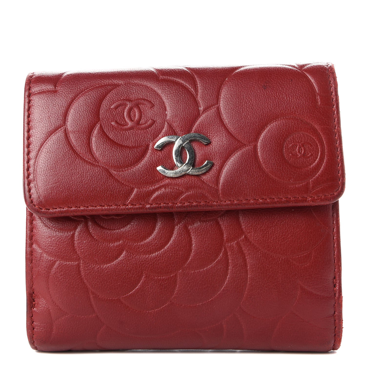 Chanel Lambskin Camellia Embossed French Wallet Red 1 of 7