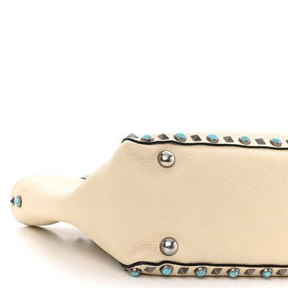 Valentino Garavani Grained Calfskin Turquoise Small Rockstud Rolling Tote Light Ivory 8 of 9