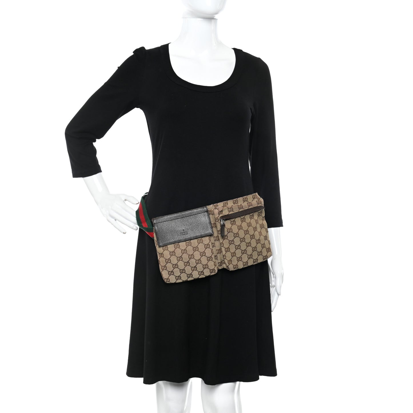 GG Monogram Web Double Pocket Belt Bag Dark Brown