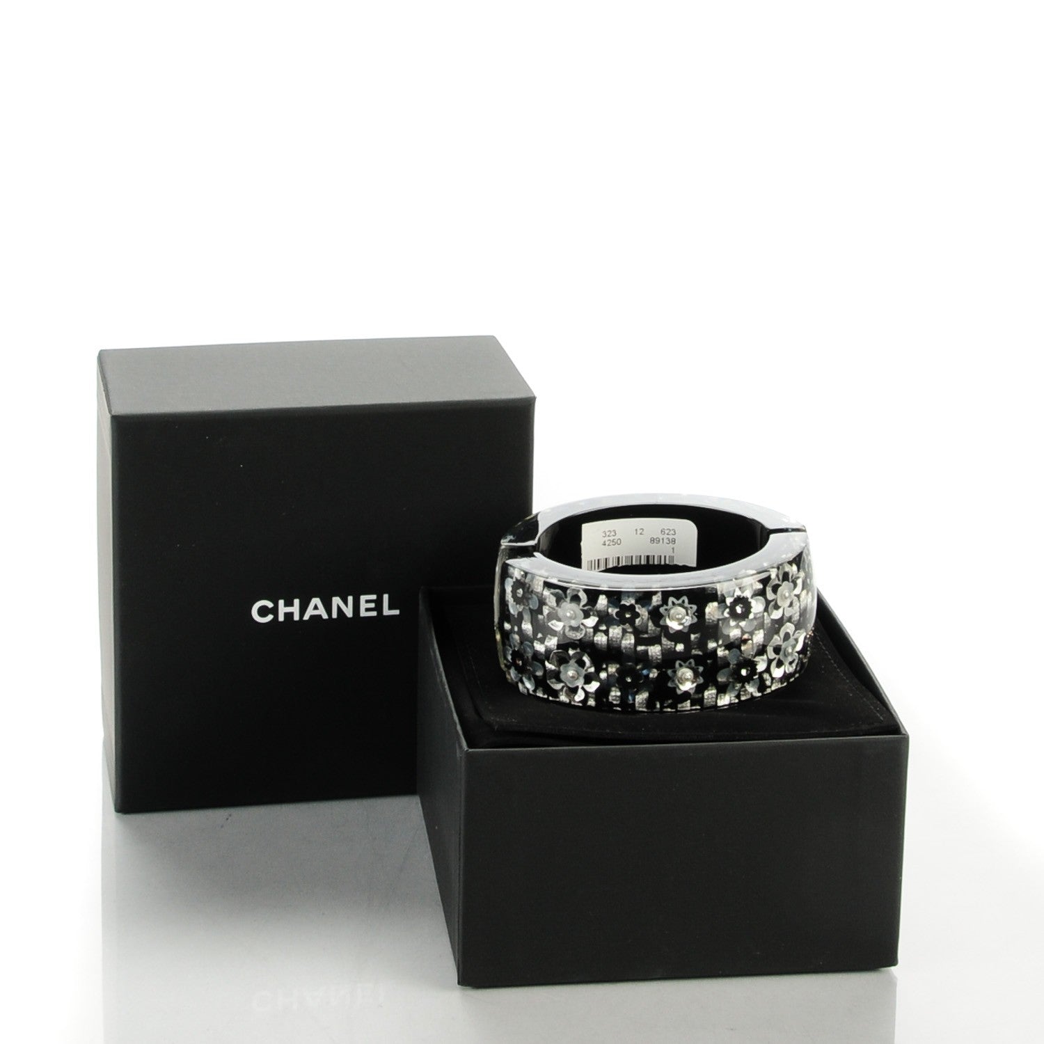 Chanel Resin Crystal CC Floral Cuff Bangle Black 3 of 5