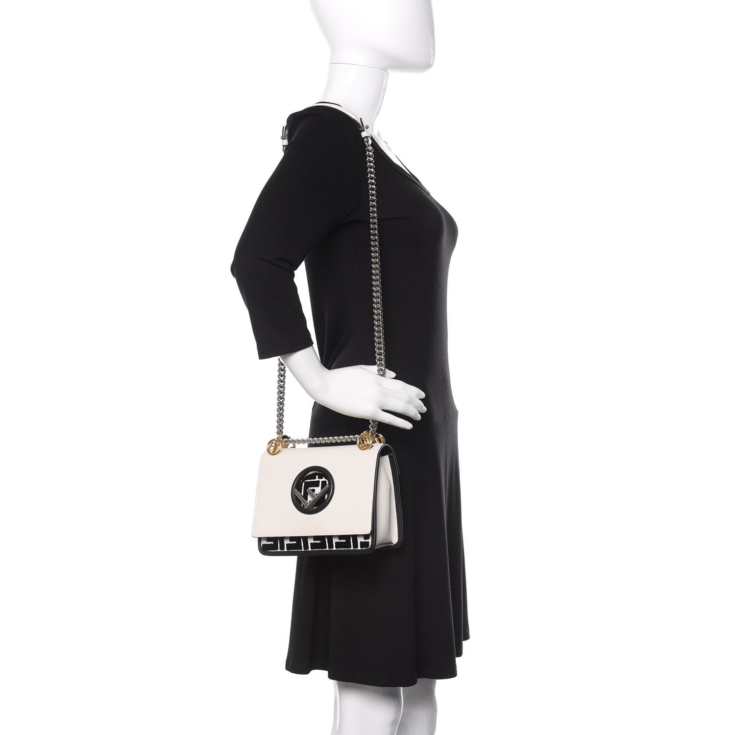 Fendi Vitello Century Velvet F is Fendi FF Embroidered Small Kan I Shoulder Bag White Black 2 of 12