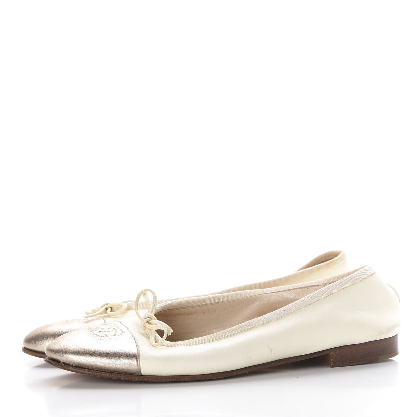 Calfskin Cap Toe CC Ballerina Flats 38 Beige Gold