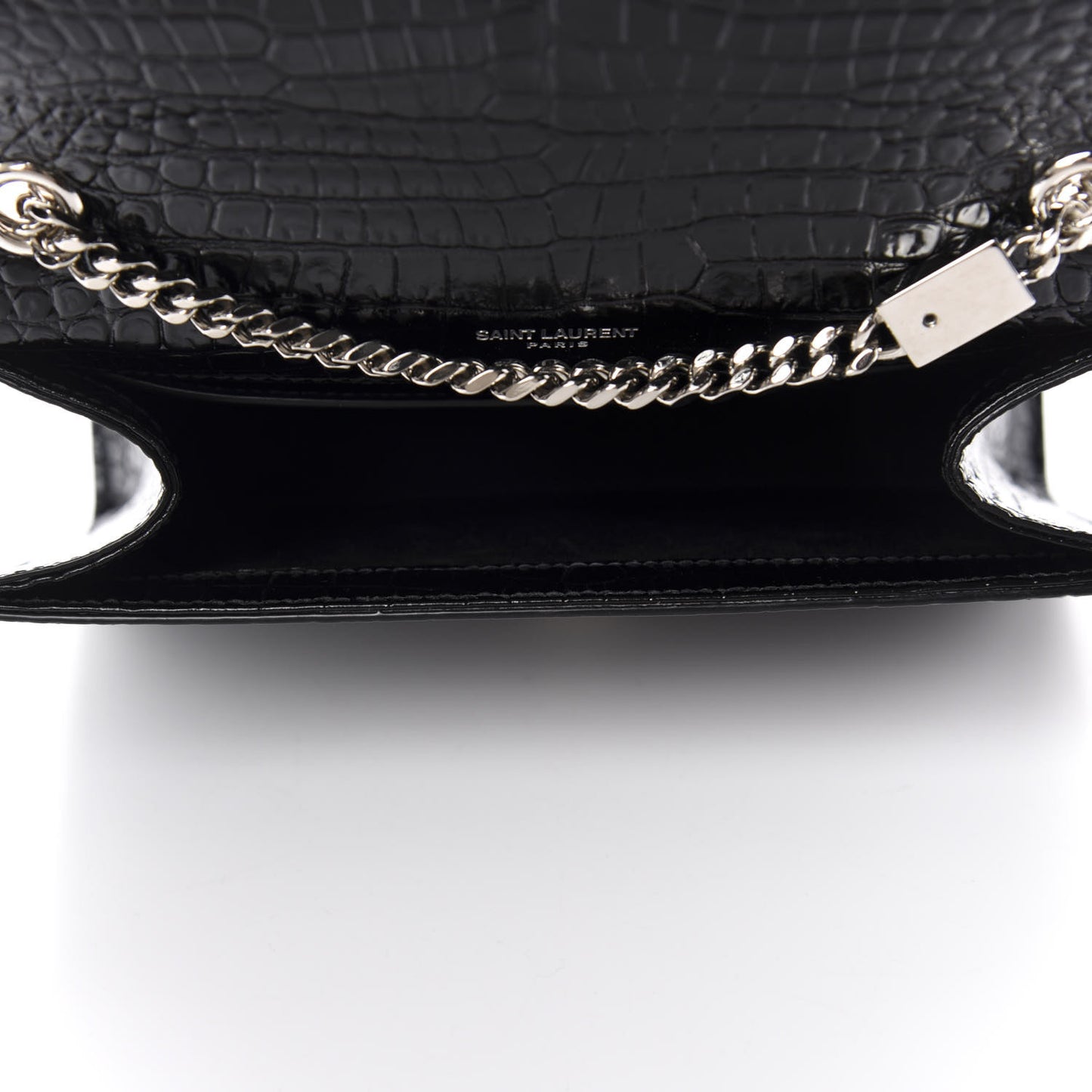 Calfskin Crocodile Embossed Small Classic Monogram Kate Tassel Satchel Black