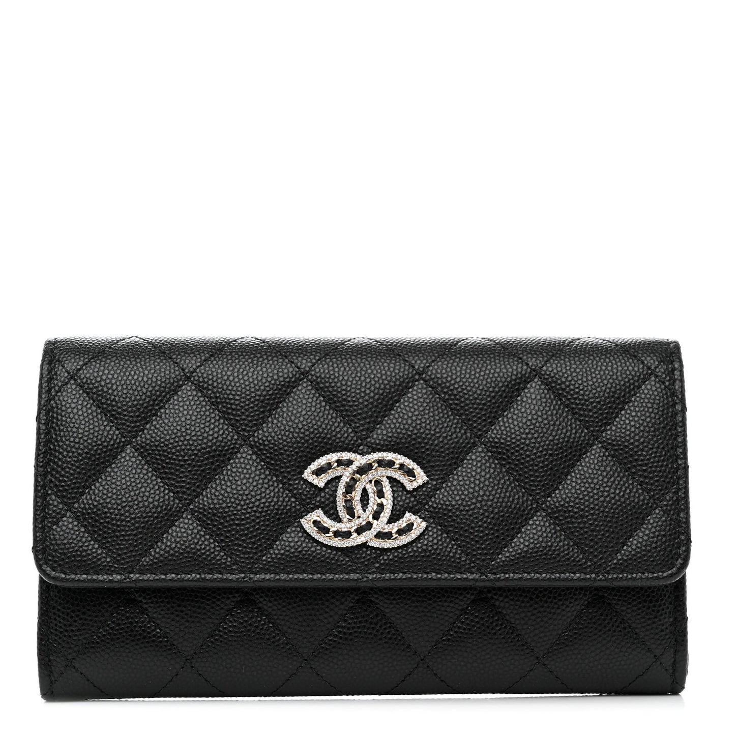 Caviar Quilted Crystal CC Large Gusset Flap Wallet Black