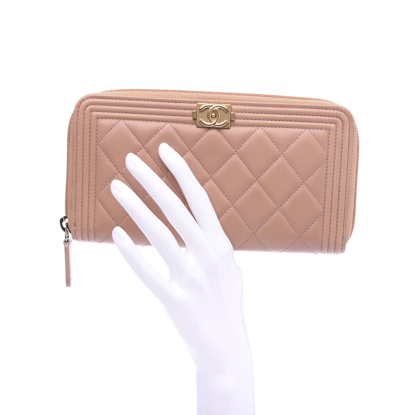 Lambskin Quilted Boy Zip Around Wallet Beige