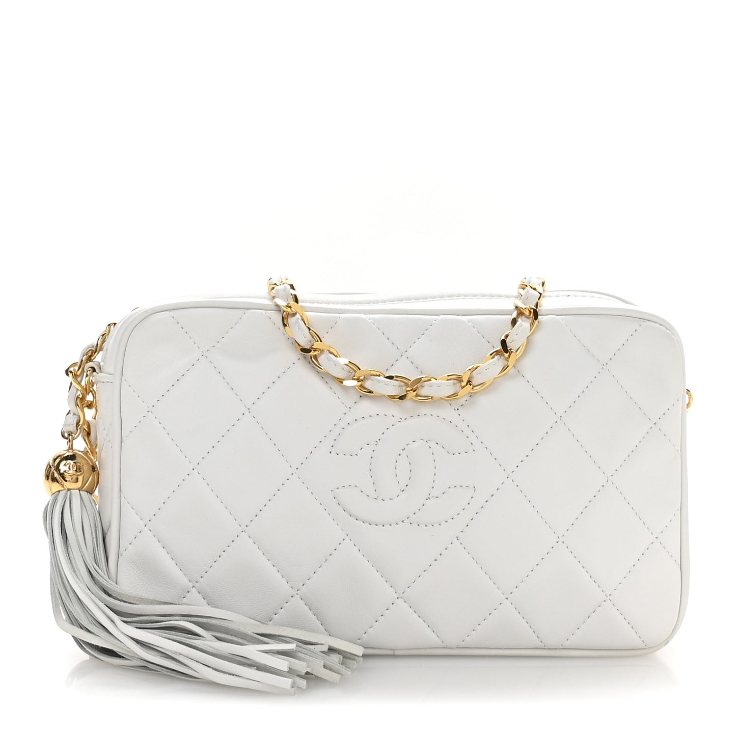 Lambskin Quilted Tassel Camera Case White
