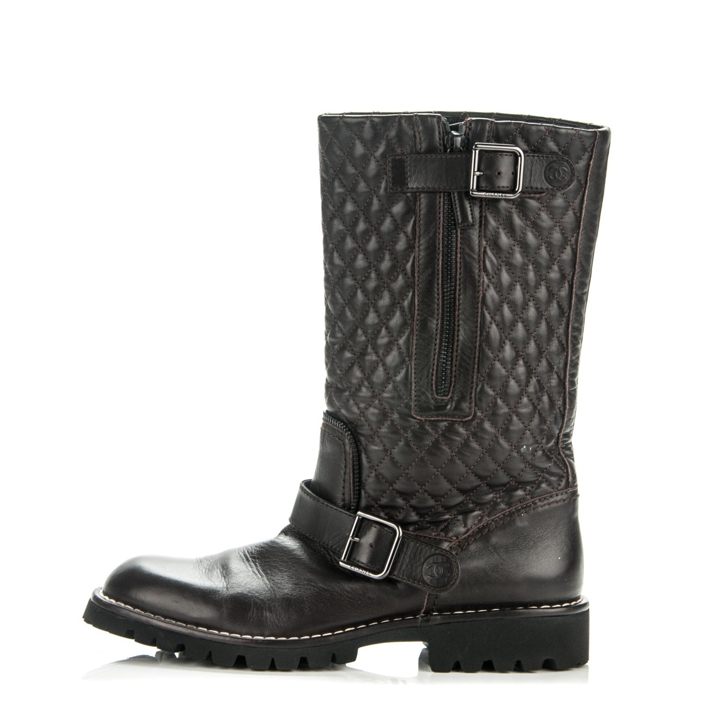 Calfskin Quilted Biker Boots 39 Dark Brown