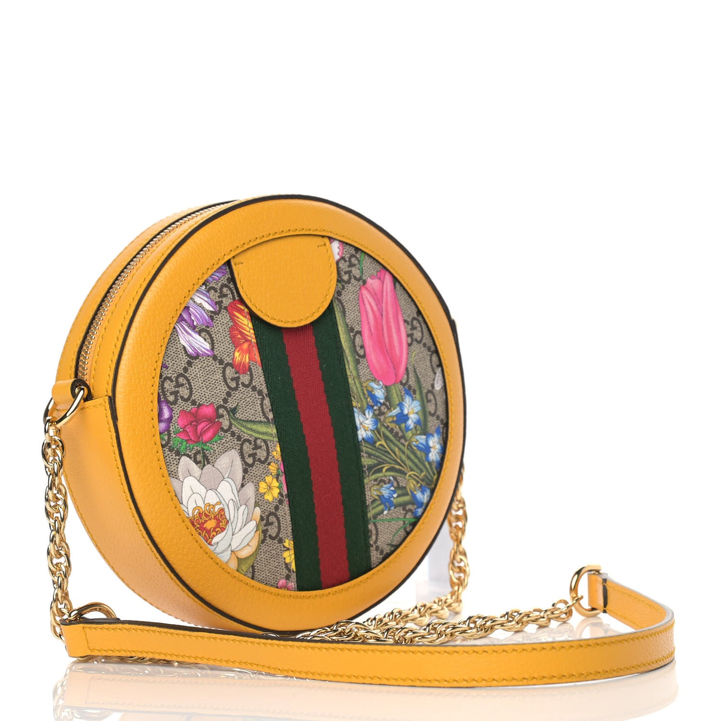GG Supreme Monogram Flora Web Mini Ophidia Round Shoulder Bag Beige Multicolor Crop