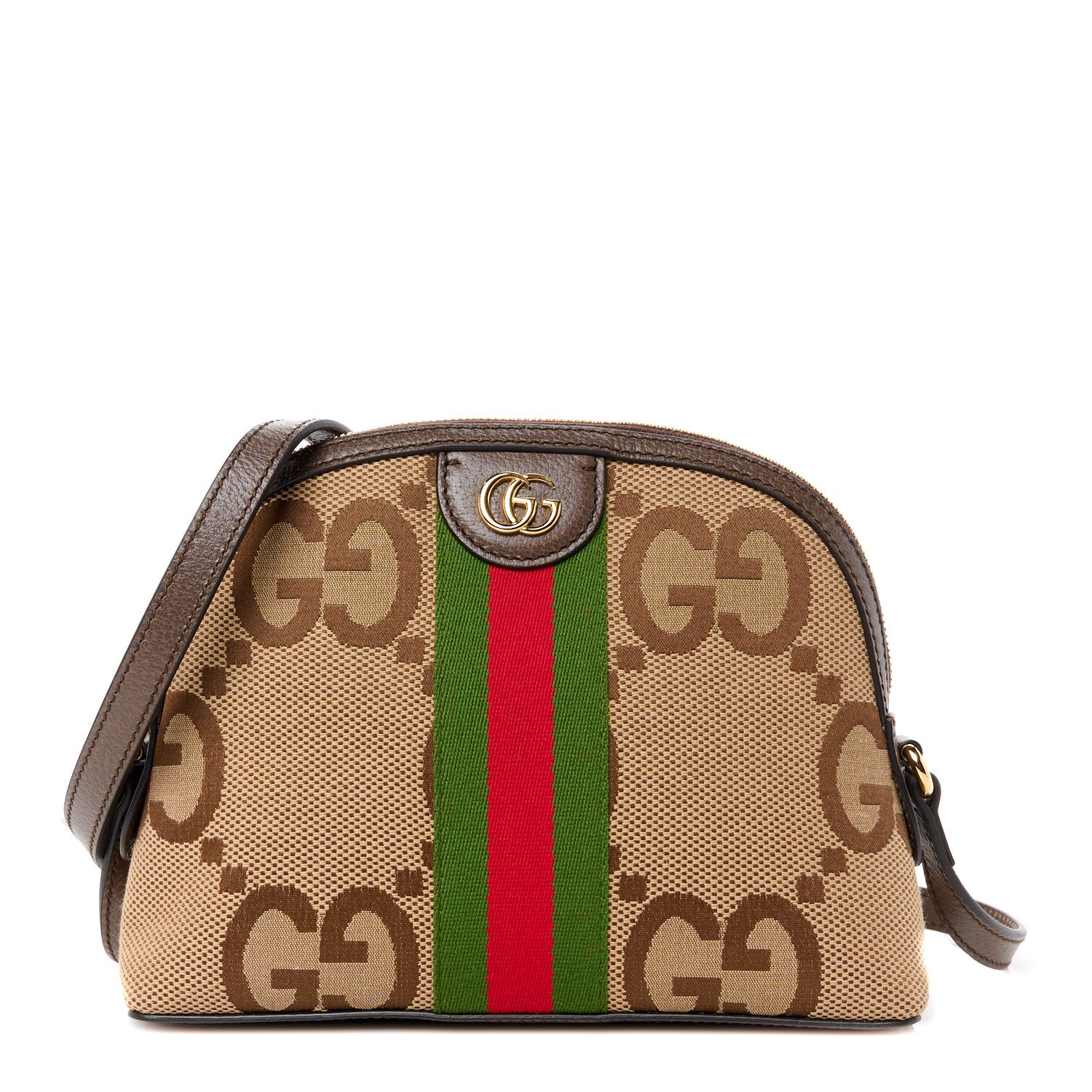Gucci Monogram Jumbo GG Textured Dollar Calfskin Web Small Ophidia Dome Shoulder Bag Camel Ebony New Acero 1 of 11