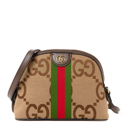 Gucci Monogram Jumbo GG Textured Dollar Calfskin Web Small Ophidia Dome Shoulder Bag Camel Ebony New Acero 1 of 11