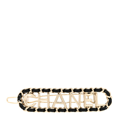 Chanel Metal Lambskin Vintage Allure Logo Hair Clip Black Gold 1 of 4