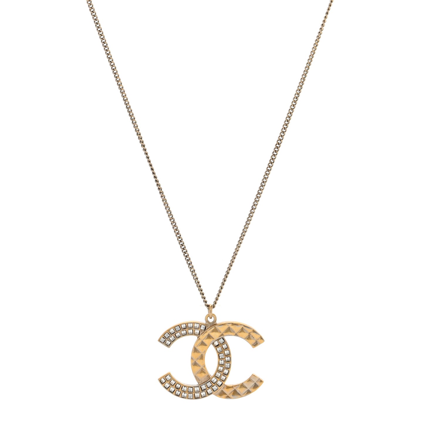 Baguette Crystal Quilted CC Pendant Necklace Gold