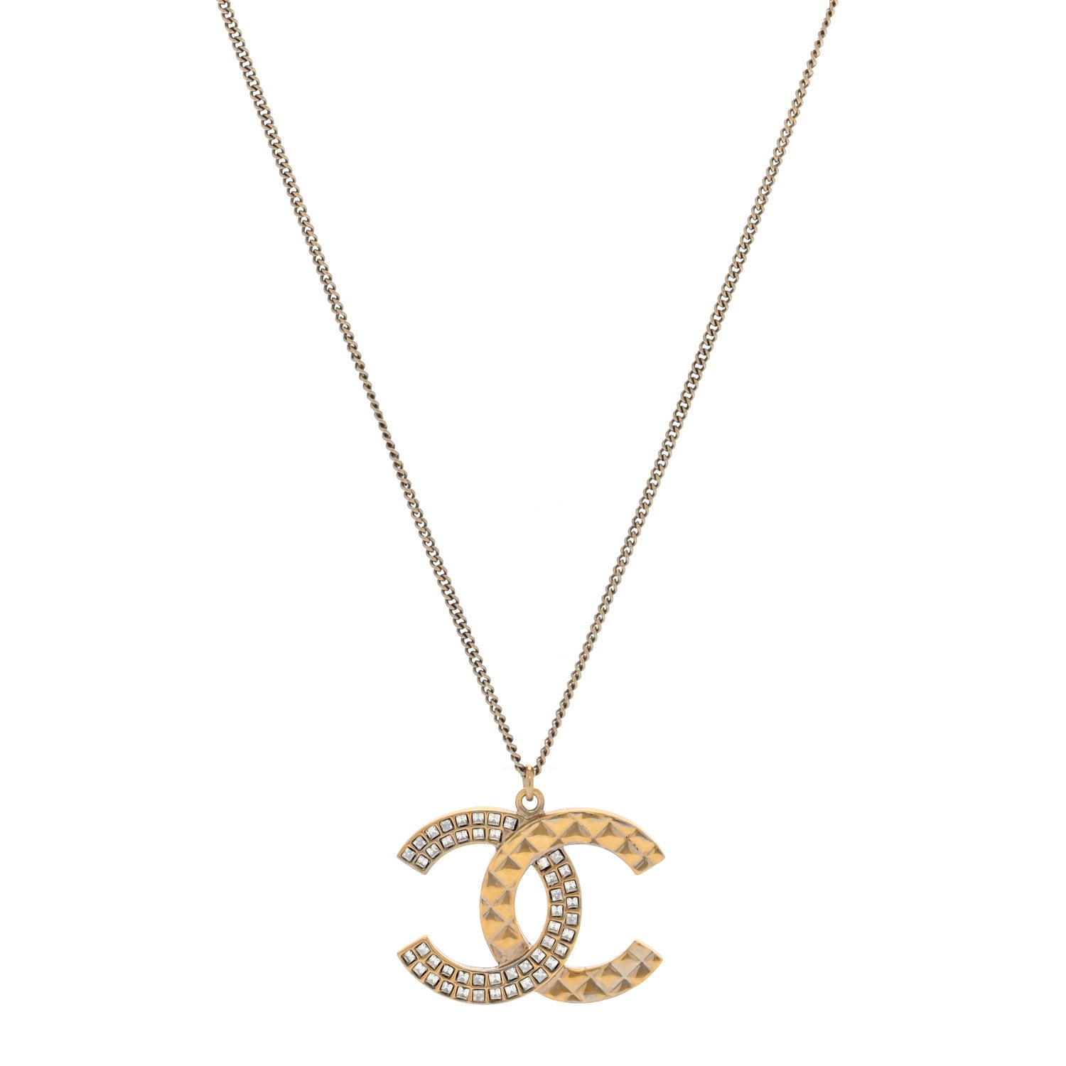 Chanel Baguette Crystal Quilted CC Pendant Necklace Gold 1 of 4