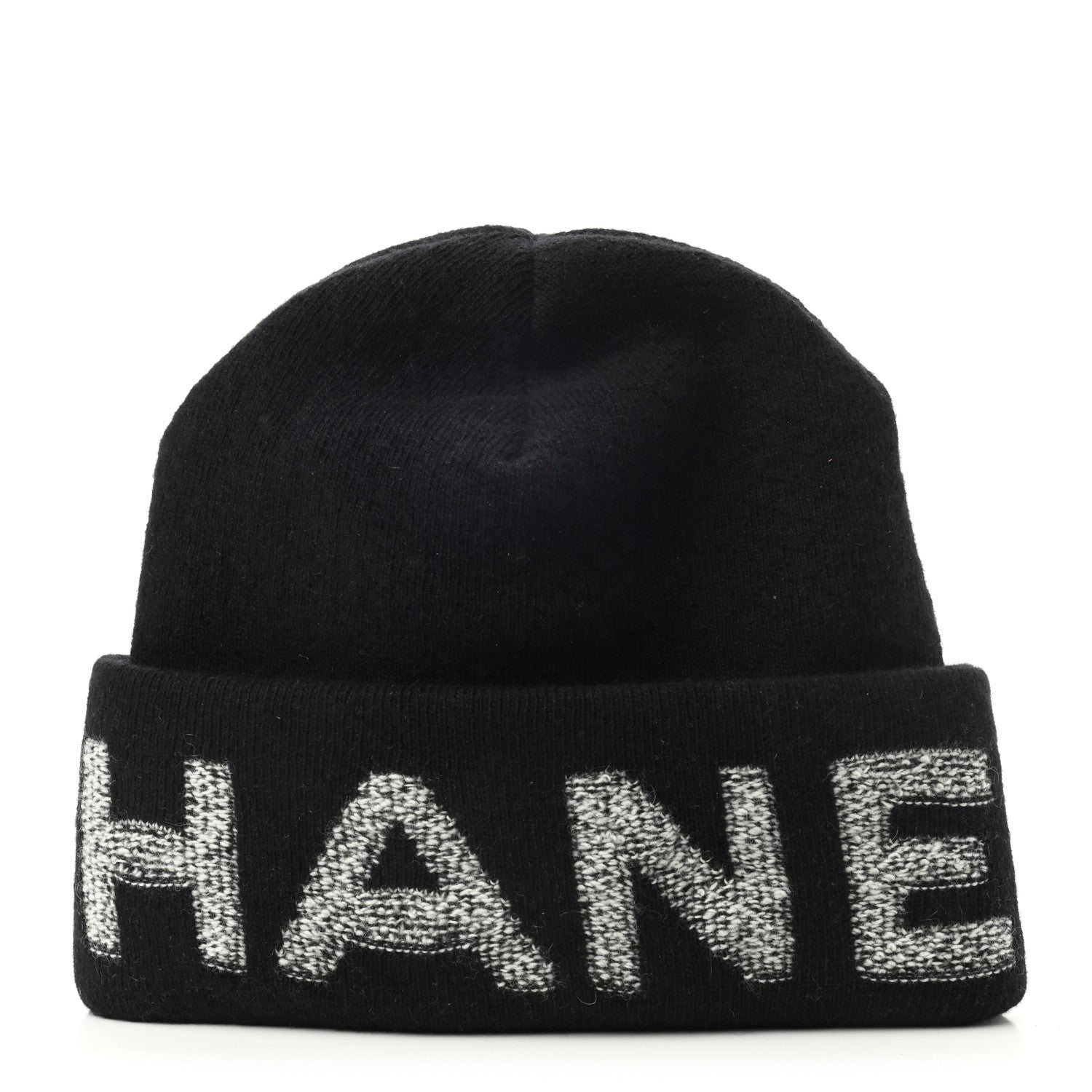 Chanel Wool Cashmere Logo Beanie Hat Black Light Grey 1 of 4