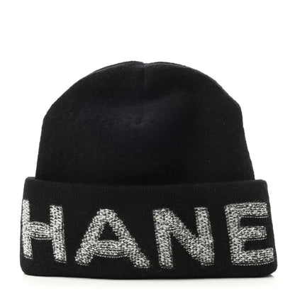Chanel Wool Cashmere Logo Beanie Hat Black Light Grey 1 of 4